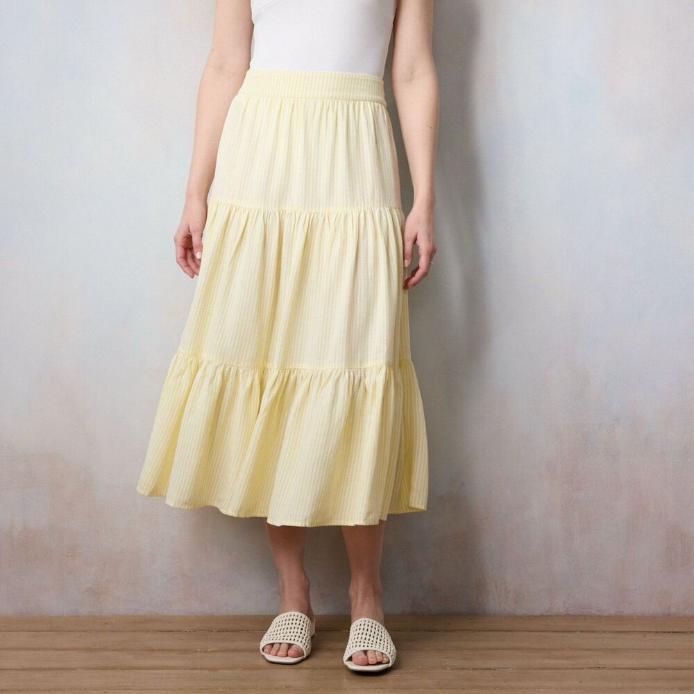 LC Lauren Conrad Skirt Size XL  Tiered Midi Yellow Stripe Mid Rise NWT Women's